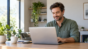Man sitting in his home office, smiling because he has decided to build an AI Agent to take care of his emails. 