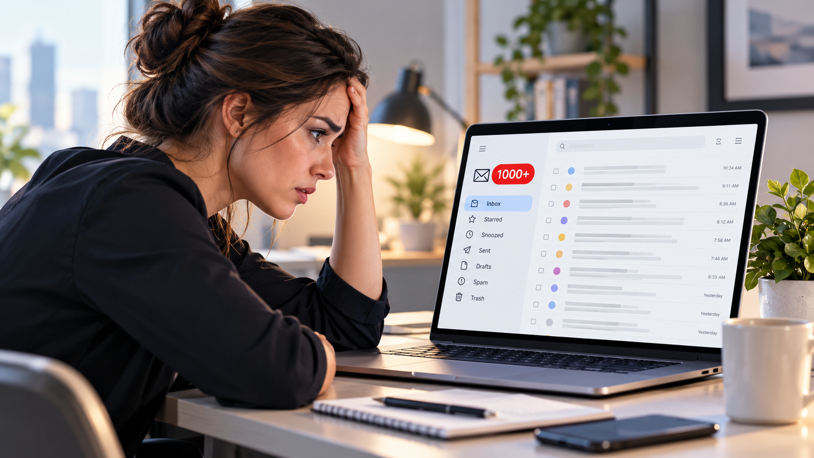 woman overwhelmed by her email inbox, ai generated